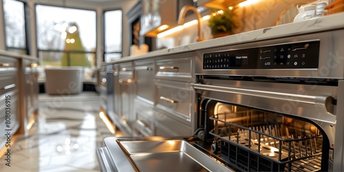 Showcase modern kitchen appliances with a fully loaded dishwasher for home improvement. Concept Modern Appliances, Home Improvement, Kitchen Upgrades, Dishwasher Display