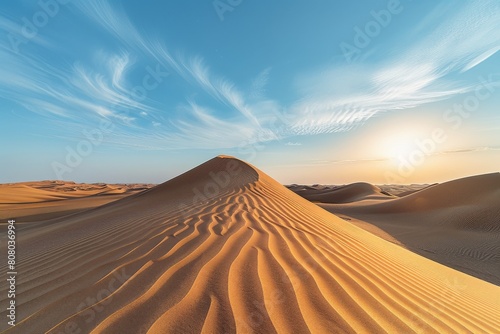 Desert Dunes  Warm sunlight casting long shadows  Rolling dunes creating dynamic lines  Low-angle perspective from desert floor  Earth tones of sand contrasted with blue sky