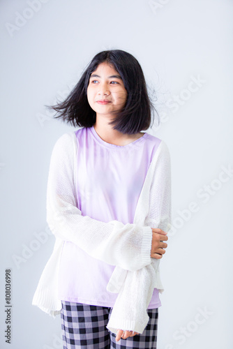 Young Asian woman with short hair,Asian woman short hair with Perfect clean fresh skin. Cute female model with natural makeup and sparkling eyes on white isolated background. Facial treatment, Cosmeto