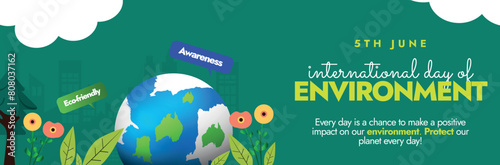 International day of Environment. 5th June Environment Day social media cover with big earth globe surrounded by flowers, leaf's, trees and speech bubbles in green background. Environment care day 