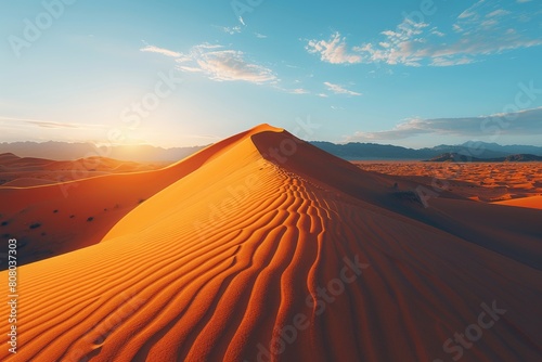 Desert Dunes, Warm sunlight casting long shadows, Rolling dunes creating dynamic lines, Low-angle perspective from desert floor, Earth tones of sand contrasted with blue sky