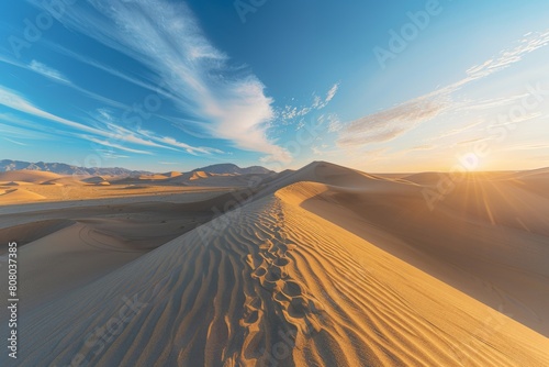 Desert Dunes, Warm sunlight casting long shadows, Rolling dunes creating dynamic lines, Low-angle perspective from desert floor, Earth tones of sand contrasted with blue sky