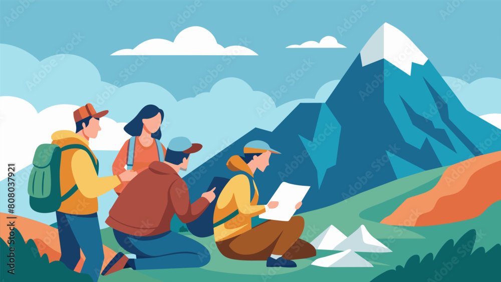 Hiking through a stunning mountain range a group of racers cresting the summit and pausing to check their map before continuing on their adventure.. Vector illustration Hiking through a stunning mountain range a group of racers cresting the summit and pausing to check their map before continuing on their adventure.. Vector illustration