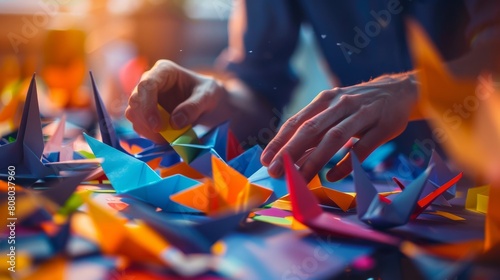 A dynamic image capturing the motion of a person folding origami paper into intricate shapes and figures, with fingers nimble and creations taking form in a meditative practice