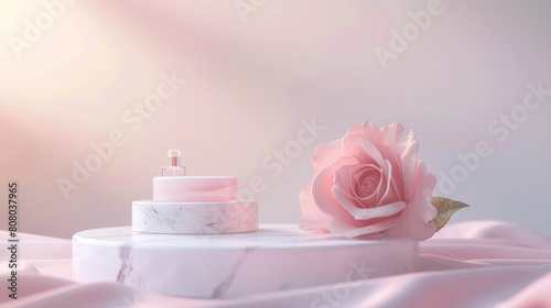 A sleek, white marble podium displaying a luxury skincare serum, accompanied by a delicate rose, set against a soft,
