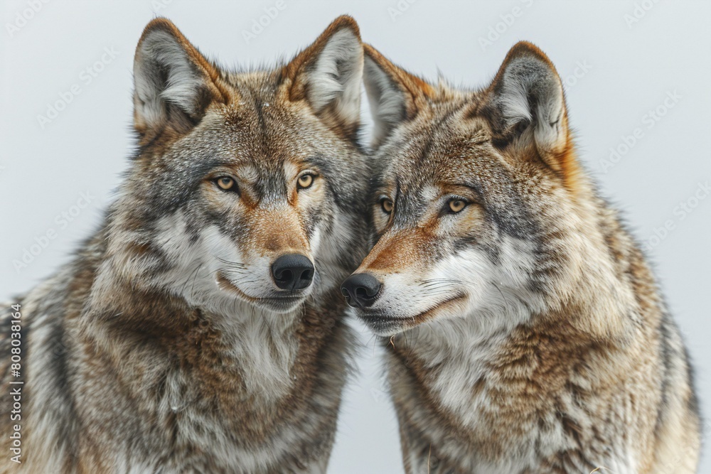 Portrait of two wolves on a white background, close-up