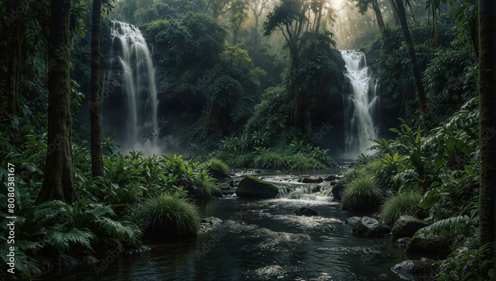 Cascate d'acqua e torrente in una rigogliosa foresta tropicale