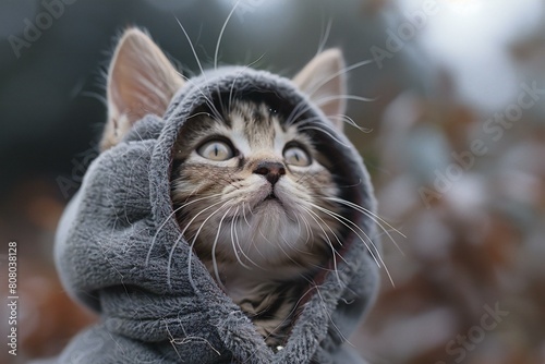 Cute tabby kitten in a warm scarf on the background of autumn leaves