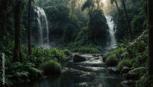 Cascate d'acqua e torrente in una rigogliosa foresta tropicale photo