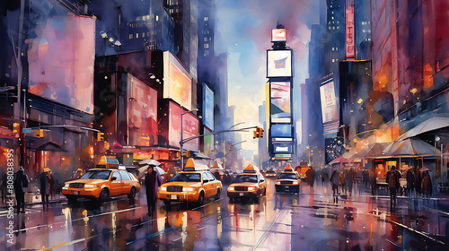 Conjure a watercolor background of a bustling cityscape at twilight photo