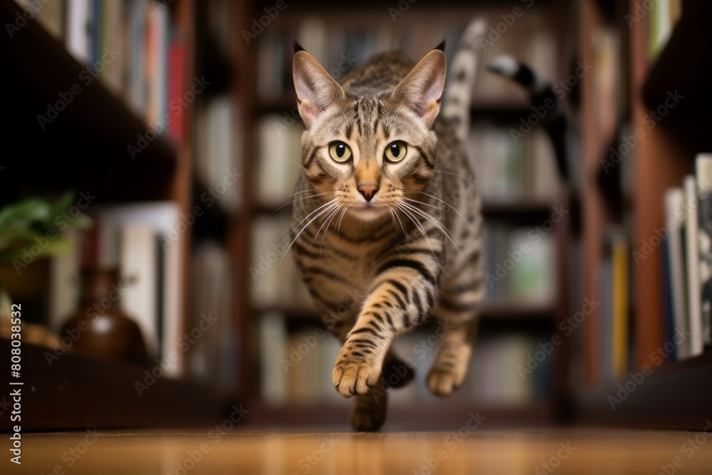 Lifestyle portrait photography of a curious savannah cat running in front ofn elegant bookshelf Lifestyle portrait photography of a curious savannah cat running in front ofn elegant bookshelf