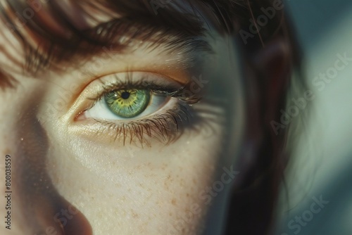 Close-up of a beautiful young woman's green eye,  Soft focus