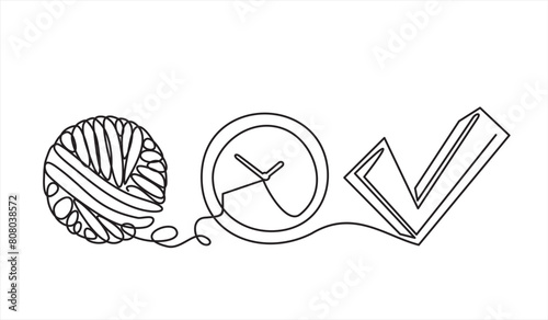Chaos, clock and Badge YES, abstract minimalist concept vector illustration. Metaphor of disorganized difficult problem found solution, mess with single continuous tangle thread in need of unraveling.