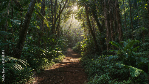 Sentiero illuminato dai raggi del sole in una rigogliosa foresta tropicale photo