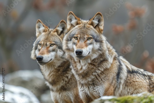 Two wolves (Canis lupus) in the winter forest