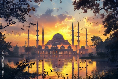 Sunset over the Blue Mosque in Agra, Uttar Pradesh, India photo