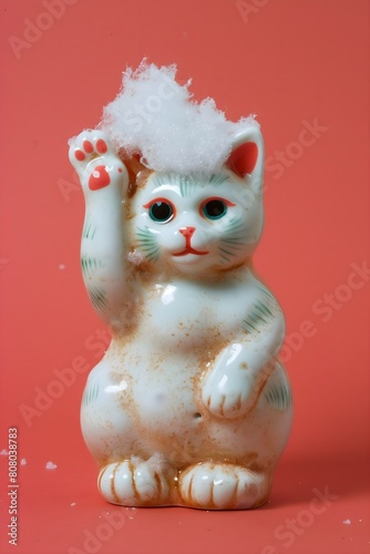 a Japanese waving cat ornament shot against a clean, red background, foam, waving