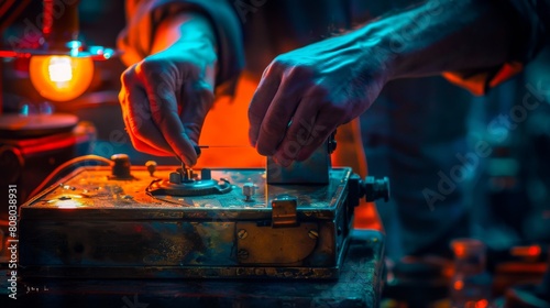 A dynamic image capturing the motion of a person winding the crank of a vintage music box, with the melody transporting listeners back to childhood innocence and wonder