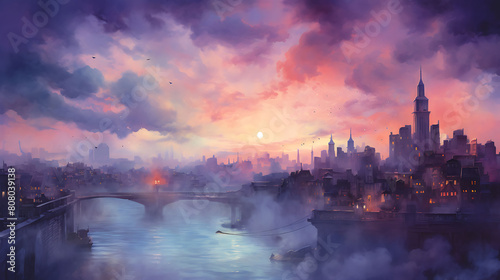 Conjure a watercolor background of a bustling cityscape at twilight