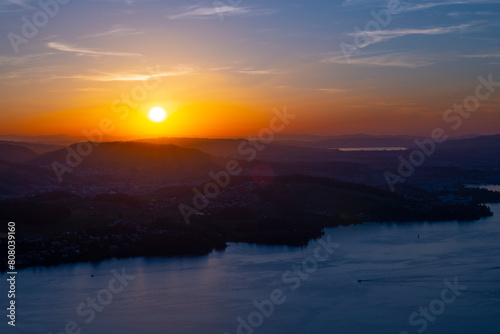 Aerial View over Lake Lucerne and Mountain in Sunset in Lucerne, Switzerland.
