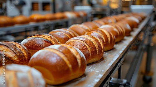 In the heart of an industrial bakery, a conveyor belt cradles warm, freshly-baked bread, steering it towards packaging and subsequent store delivery.