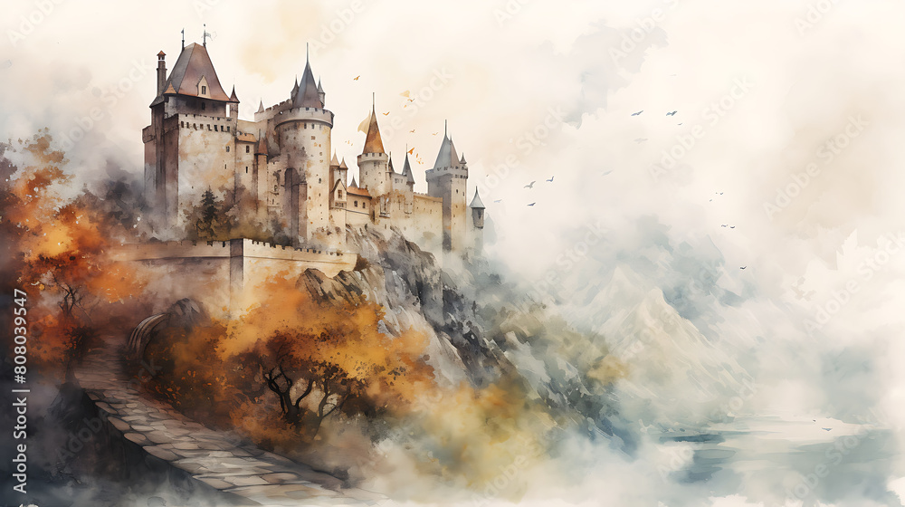 Conjure a watercolor background of a medieval castle in the fog