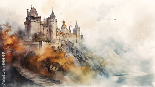 Conjure a watercolor background of a medieval castle in the fog