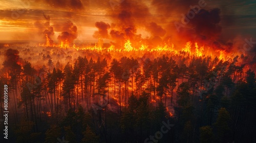 The insatiable forest fire rages, consuming the woodland in its blinding fury. Its destructive power leaves an intimidating trail of charred remnants and ash.