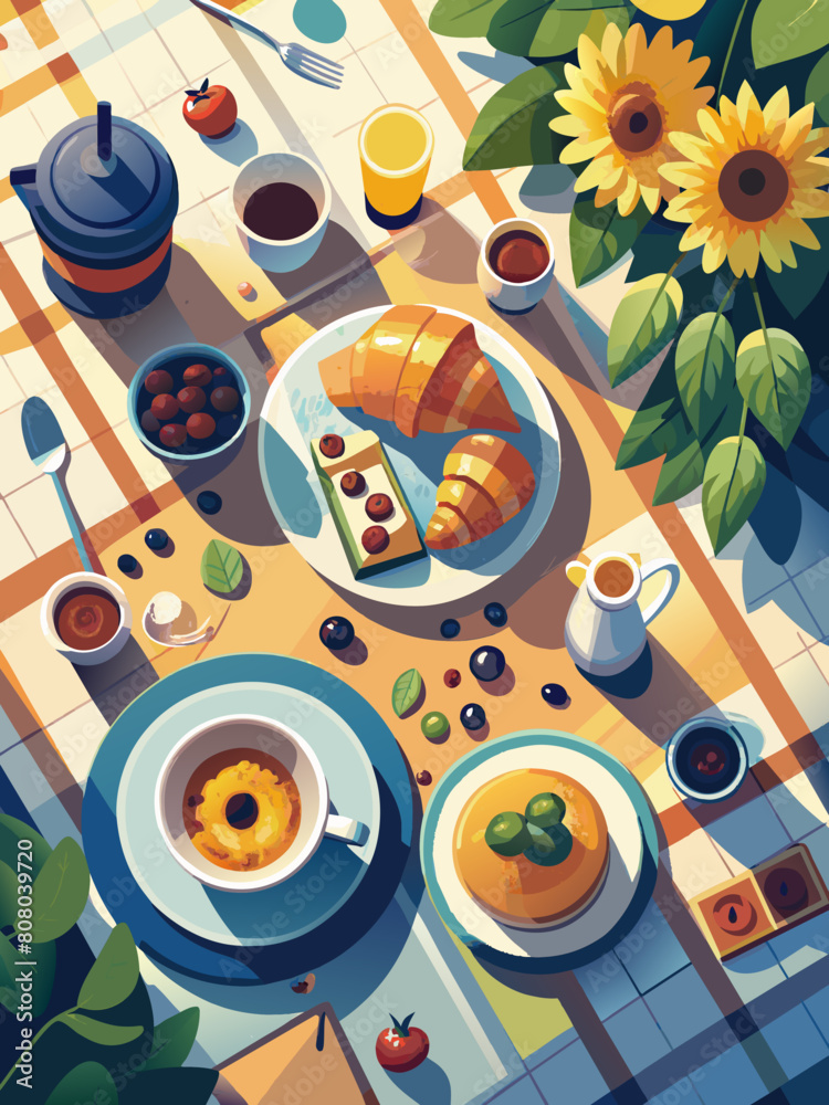 Sunny Breakfast Table with Coffee and Croissant Sunny Breakfast Table with Coffee and Croissant