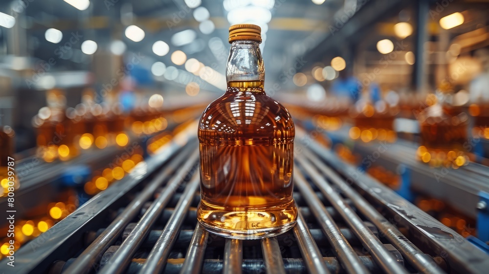 The mechanical ballet of whiskey production is showcased as bottles traverse the conveyor belt within the humming distillery.