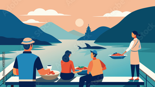Serene Lakeside Dining Experience with Friends at Sunset
