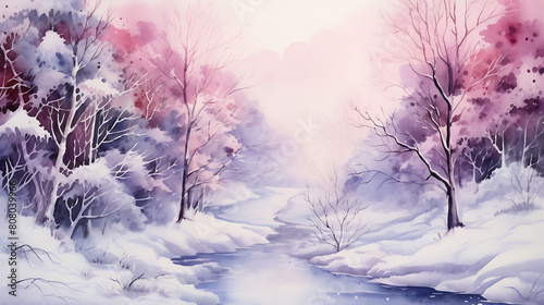 Conjure a watercolor background of an enchanted winter landscape with snow-covered trees © Sunny