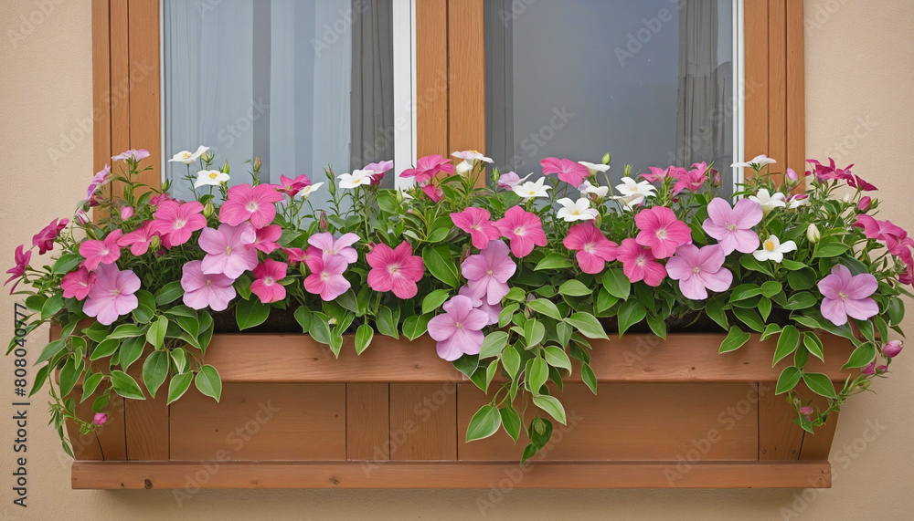 Generative AI creates a beautiful bouquet of pink flowers in a wooden window box surrounded by nature-inspired elements 