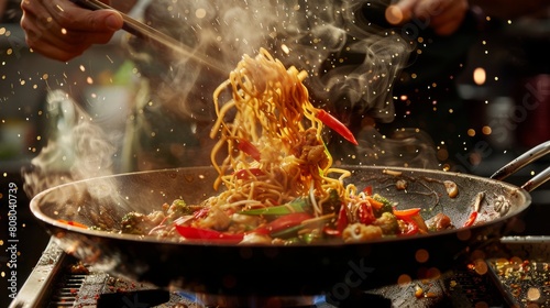 A dynamic image capturing the motion of a chef tossing stir-fried noodles in a wok with colorful vegetables and aromatic spices photo