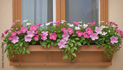 Generative AI creates a beautiful bouquet of pink flowers in a wooden window box surrounded by nature-inspired elements 