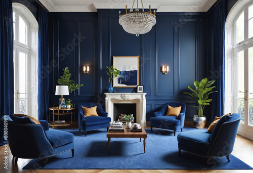 Elegant and Luxurious Living Room Decor with Deep Blue Color Scheme and Unique Furniture Design