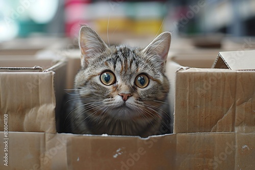 Cute tabby cat sitting in a cardboard box, selective focus
