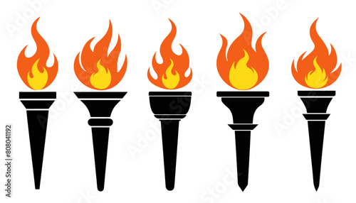 Burning torch icon set on white background. Black torch vector. Design element illustration isolated on white background. Olympic Games 2024.