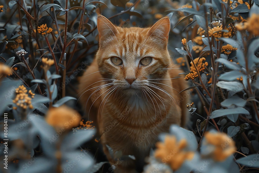 Orange cat on a background of grass and flowers,  The cat looks at the camera