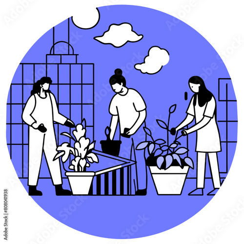 Urban Rooftop Gardens Vector - Community Gardening, Green Roof Initiative, Eco-Friendly Urban Living Illustration