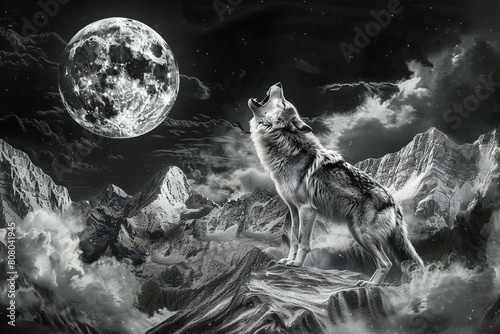 Wolf howling at the full moon in the night,  Mixed media photo