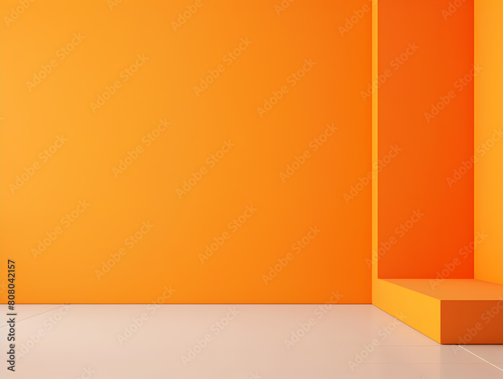 A room with an orange wall and a white floor. The room is empty and has a minimalist design