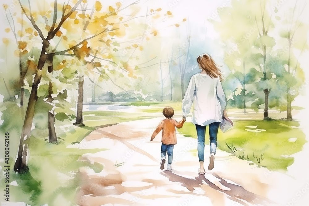Watercolor illustration of mother and her child walking hand in hand through the park Watercolor illustration of mother and her child walking hand in hand through the park