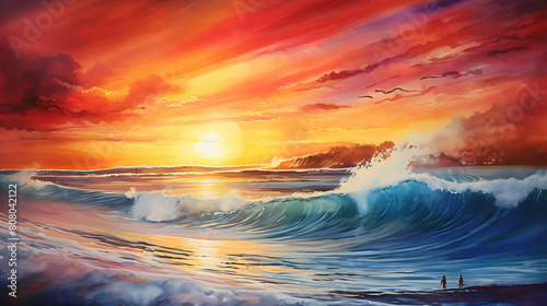 Craft a watercolor background featuring a sunset surf session, with surfers catching the last waves of the day against a fiery sky