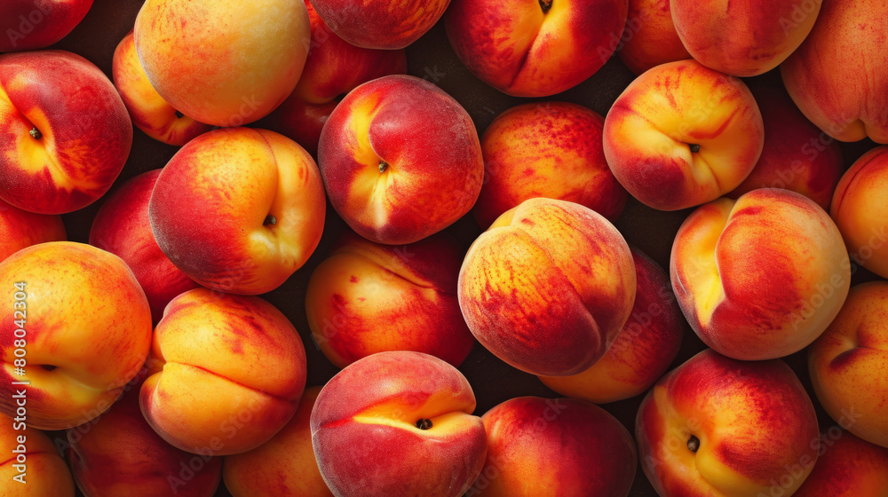 Peaches with leaves in a wooden box with peach in halves on top. Flat lay composition with ripe juicy peaches. Harvest of peaches for food or juice. Top view fresh organic fruit, vegan food. Peaches with leaves in a wooden box with peach in halves on top. Flat lay composition with ripe juicy peaches. Harvest of peaches for food or juice. Top view fresh organic fruit, vegan food.