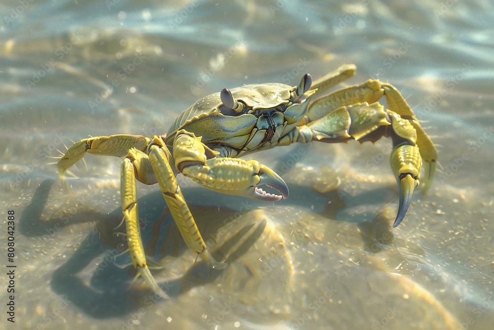 Close up of a yellow crab on the sand in the sea