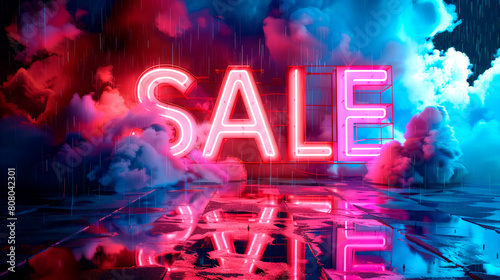 Neon 'Sale' sign glows brightly amidst dramatic clouds and reflections