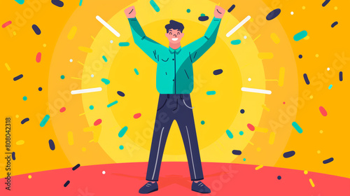 Joyful winner raises arms in celebration amidst confetti and bright colors.