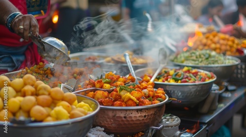 A traditional Indian street food stall serving spicy chaat snacks photo