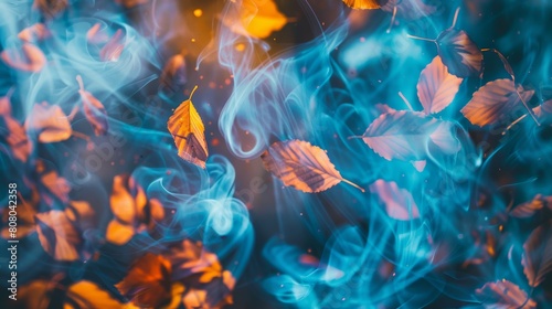 A dynamic abstract image capturing the motion of swirling leaves in an autumn breeze, with abstract patterns forming and dancing in the air